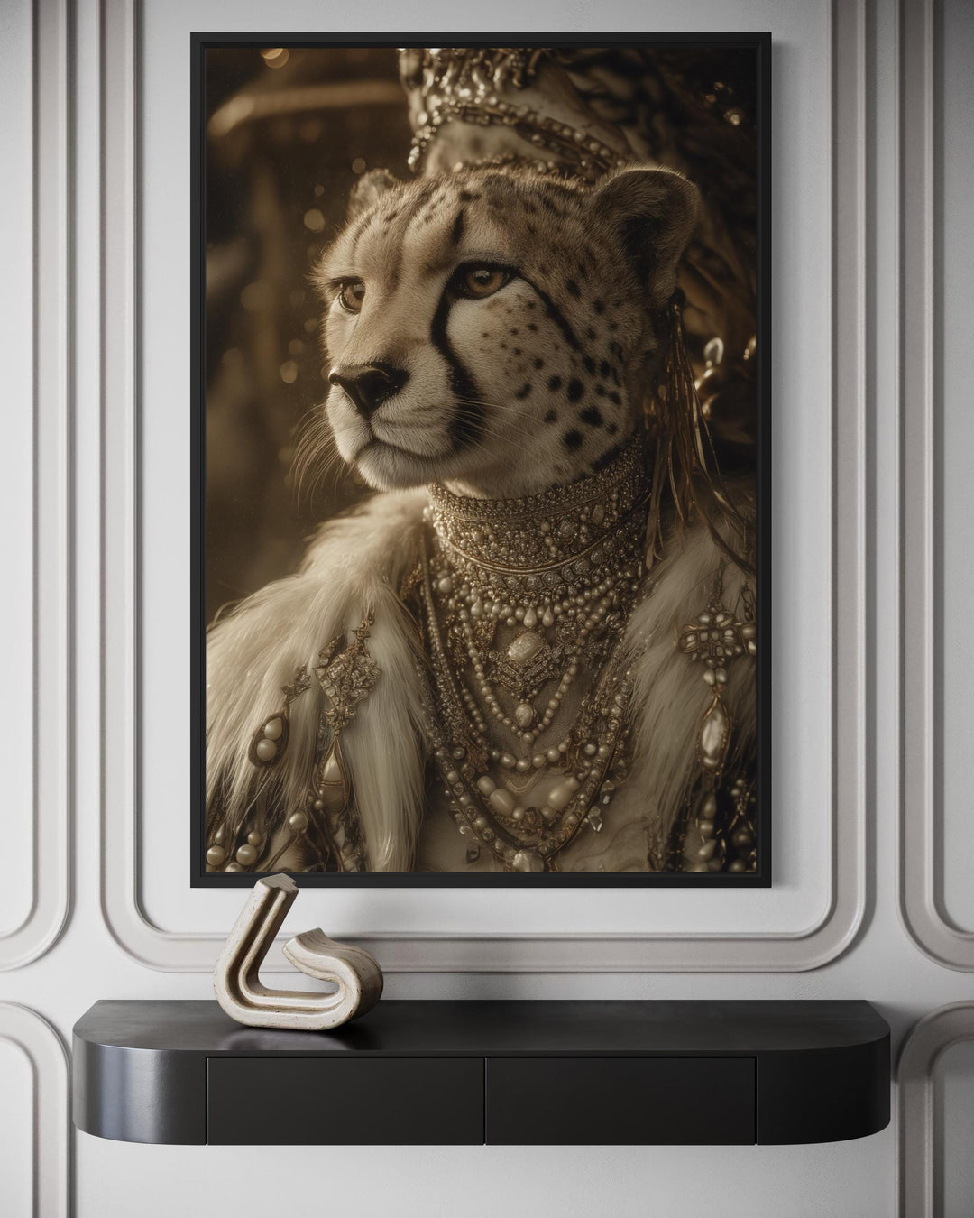 Framed canvas wall art of a cheetah queen in royal baroque attire with gold jewelry and a crown.