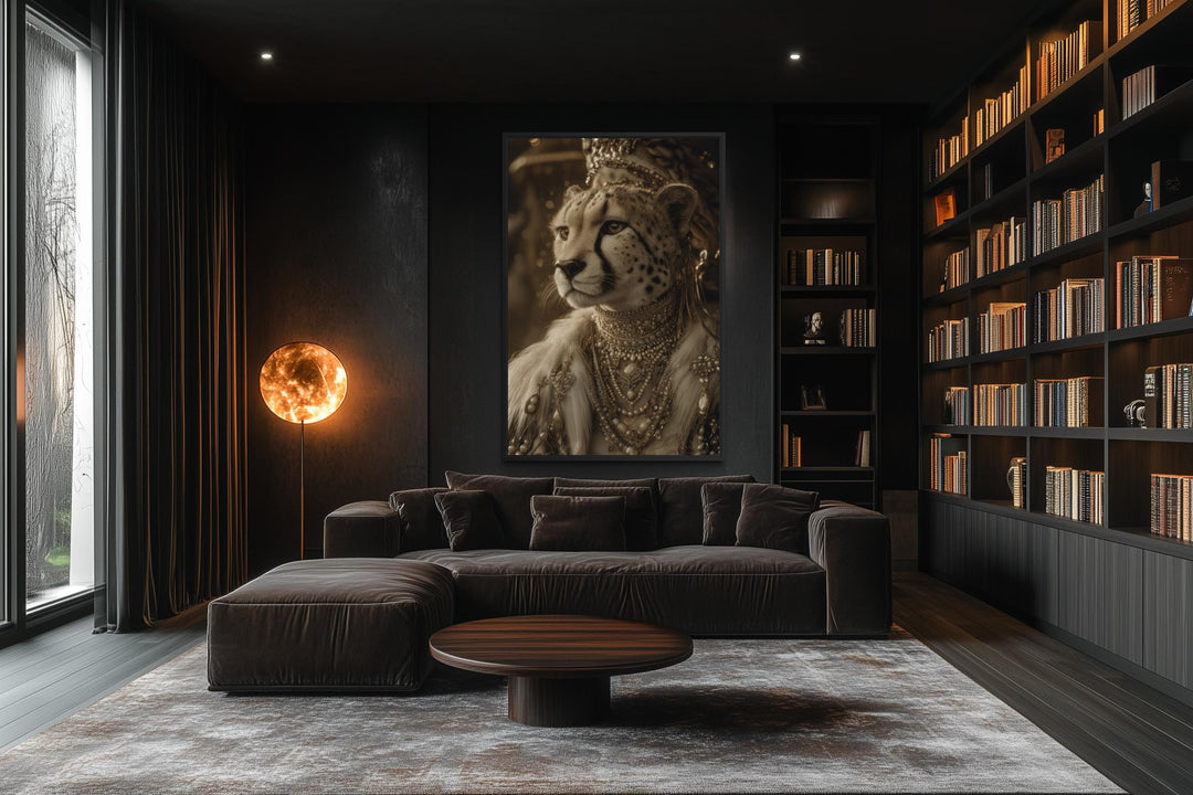 Royal Cheetah Queen canvas wall art featuring a crowned cheetah in a dark, modern living room.