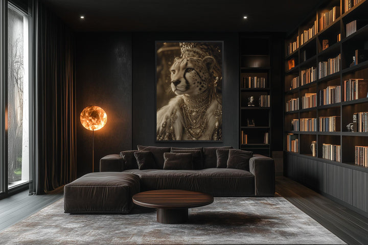 Royal Cheetah Queen canvas wall art featuring a crowned cheetah in a dark, modern living room.