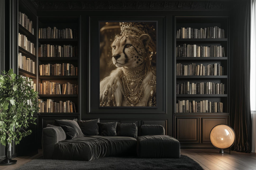 A framed canvas of a cheetah in royal attire and crown centered in a dark, moody library.