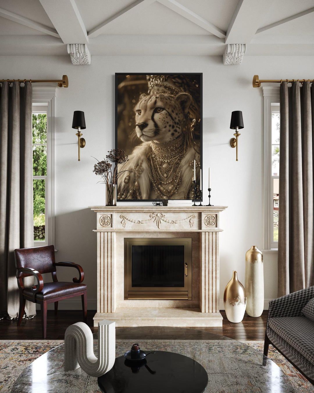 A framed canvas wall art of a royal cheetah queen with a crown and jewelry above a fireplace.