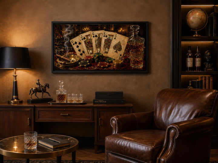 Royal Flush Poker Canvas Wall Art in a dark, masculine room with leather chair and wood furniture.