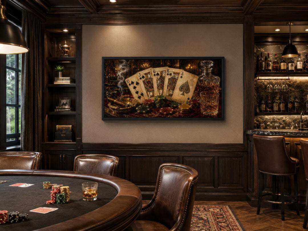 Royal Flush Poker Canvas Wall Art hanging in a dark wood paneled game room above a poker table.