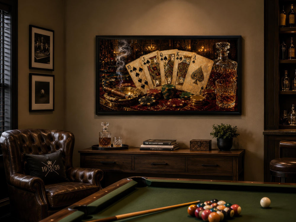 Royal Flush poker canvas wall art in a dark man cave with a pool table and leather chair.