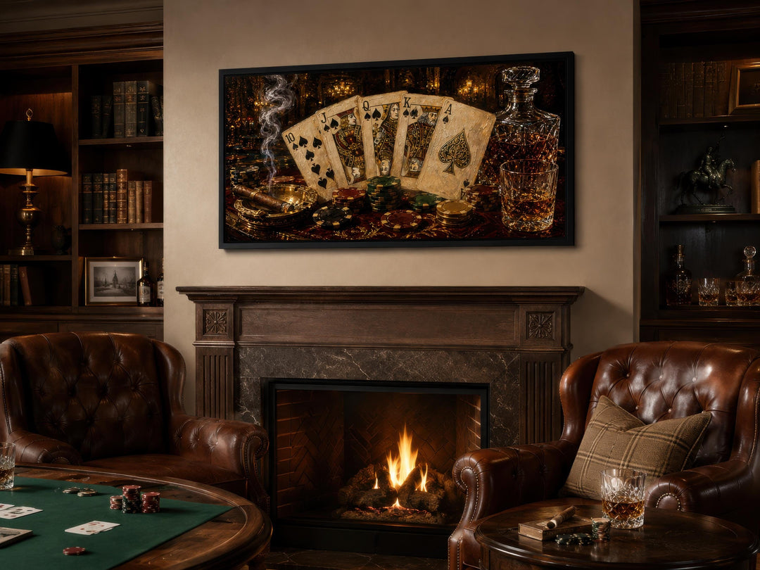 Royal Flush Poker Canvas Wall Art hanging above a fireplace in a room with leather chairs.