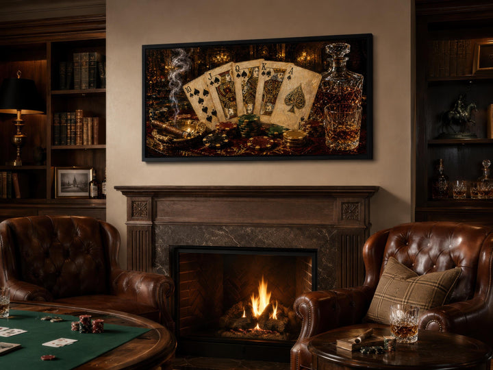 Royal Flush Poker Canvas Wall Art hanging above a fireplace in a room with leather chairs.