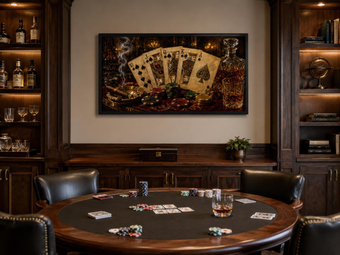 Royal Flush poker canvas wall art hanging in a dark wood game room above a poker table.
