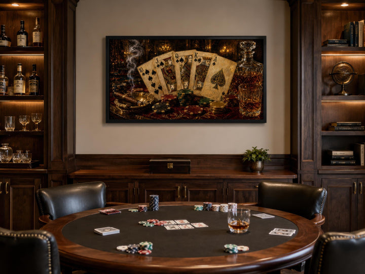Royal Flush poker canvas wall art hanging in a dark wood game room above a poker table.