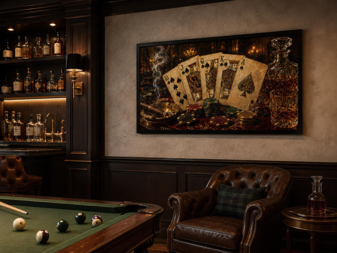 Royal Flush poker canvas wall art in a dark wood game room with a pool table and leather armchair.
