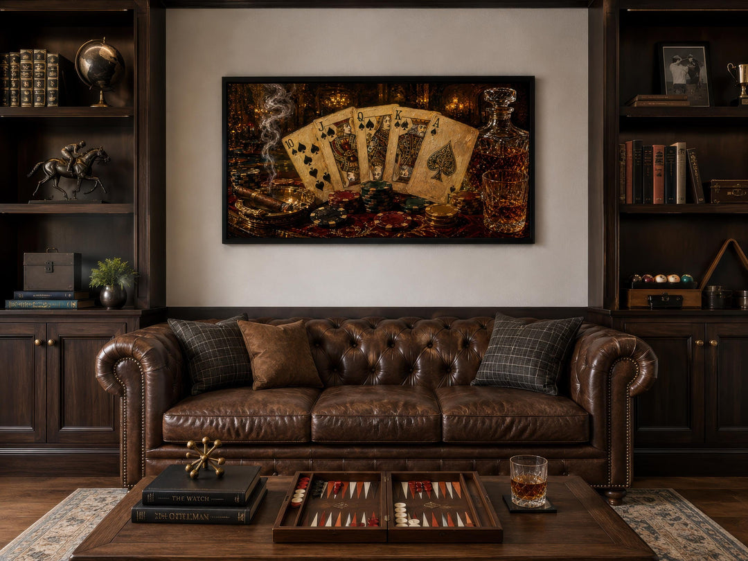 Royal Flush Poker Canvas Wall Art above a brown leather sofa in a dark wood-paneled room.
