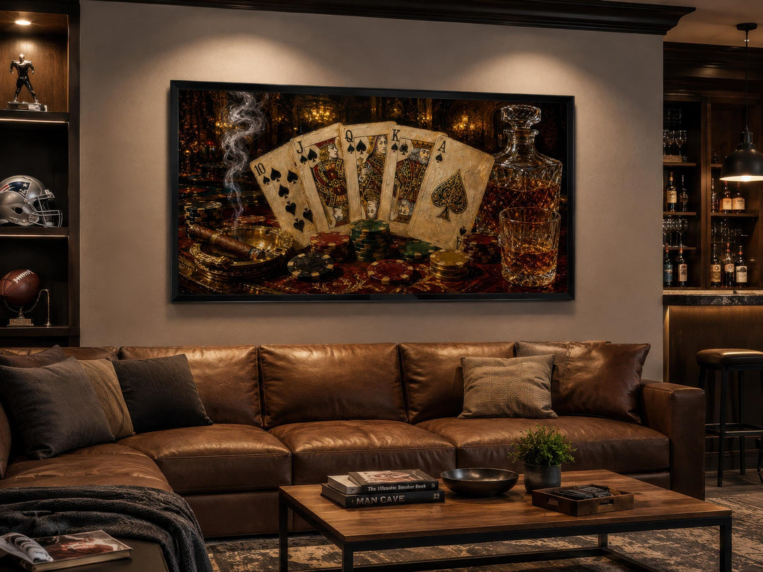 Royal Flush Poker Canvas Wall Art hanging above a leather sofa in a moody man cave setting.