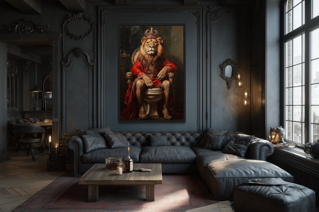 Royal Lion With Crown Sitting on Toilet Framed Canvas Picture