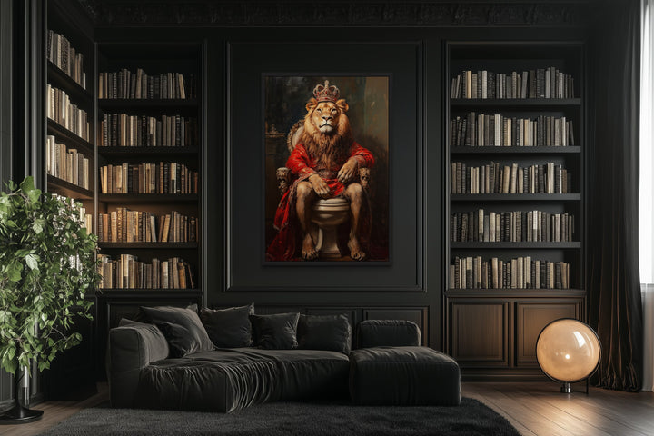 Royal Lion With Crown Sitting on Toilet Framed Canvas Picture