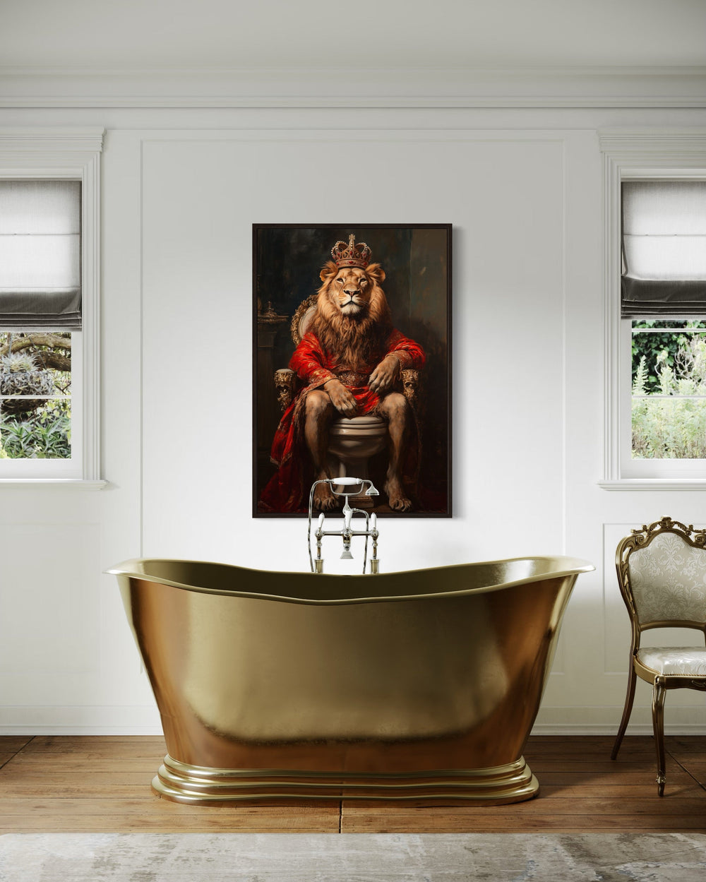 Royal Lion With Crown Sitting on Toilet Framed Canvas Wall Art in bathroom