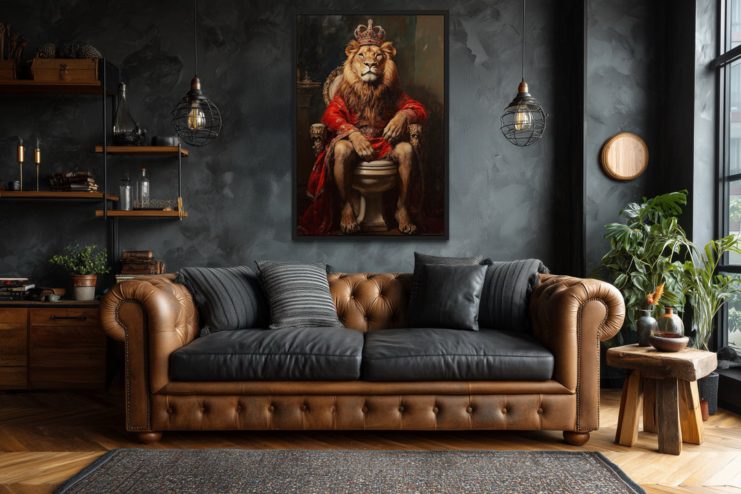 Royal Lion With Crown Sitting on Toilet Framed Canvas Picture