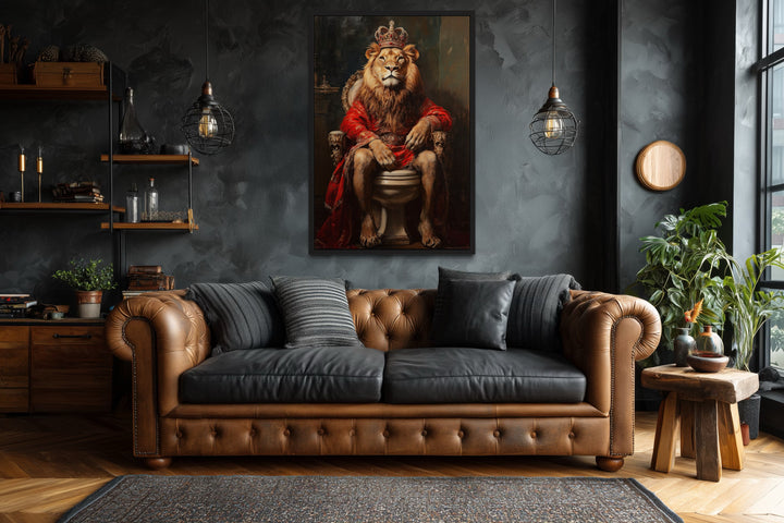 Royal Lion With Crown Sitting on Toilet Framed Canvas Picture