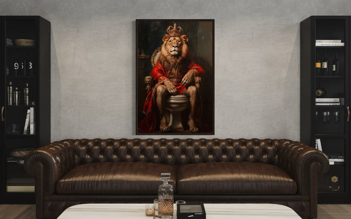 Royal Lion With Crown Sitting on Toilet Framed Canvas Picture