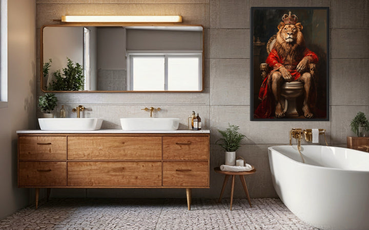 Royal Lion With Crown Sitting on Toilet Framed Canvas Picture