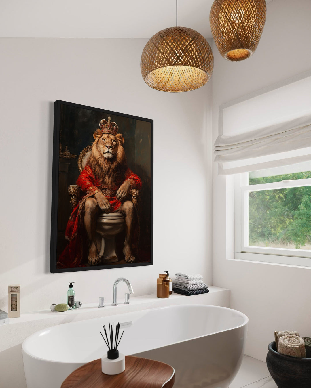 Royal Lion With Crown Sitting on Toilet Framed Canvas Picture