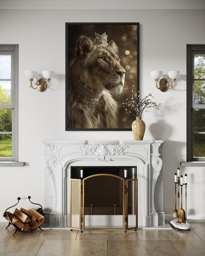 A framed canvas print of a regal lioness wearing a crown and jewels hangs above a white fireplace.