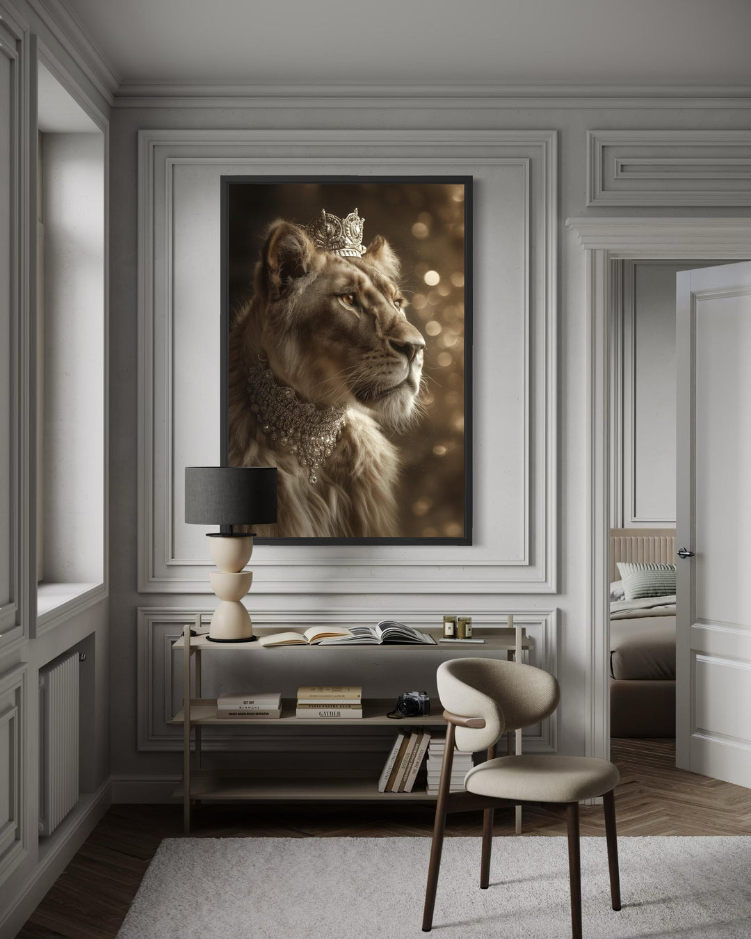 Royal Lioness Queen With Crown And Jewellery Canvas Wall Art in a black frame on a paneled wall.