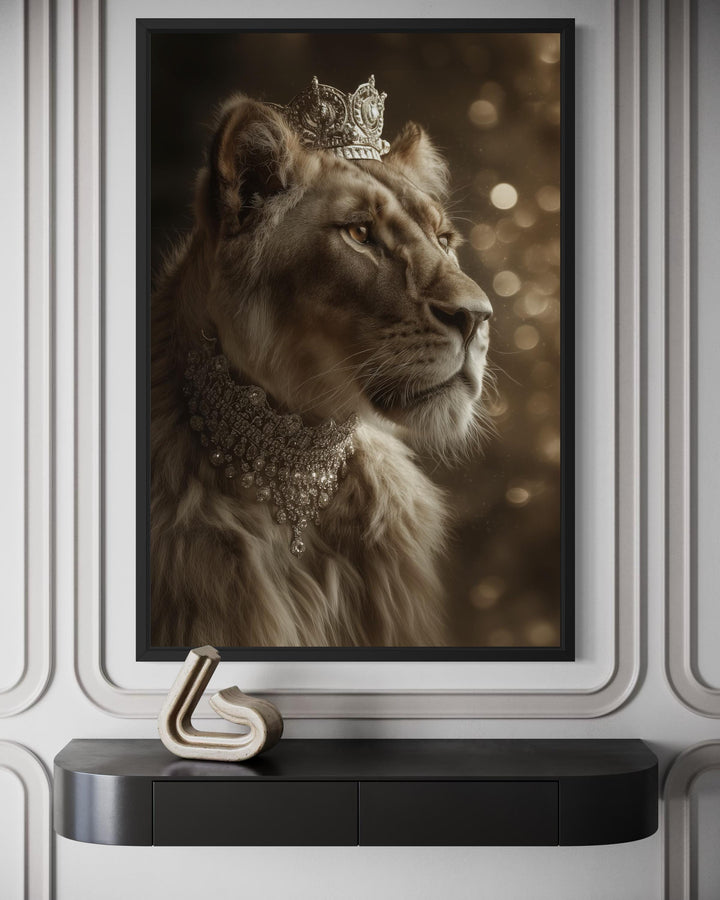 Royal lioness wall art featuring a lioness wearing an ornate crown and a jeweled necklace.
