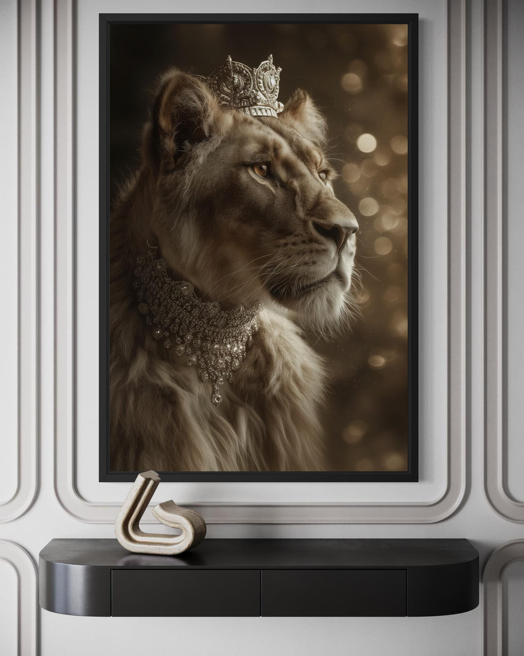 Canvas wall art of a lioness wearing an ornate crown and jewelry in a dark, regal portrait style.