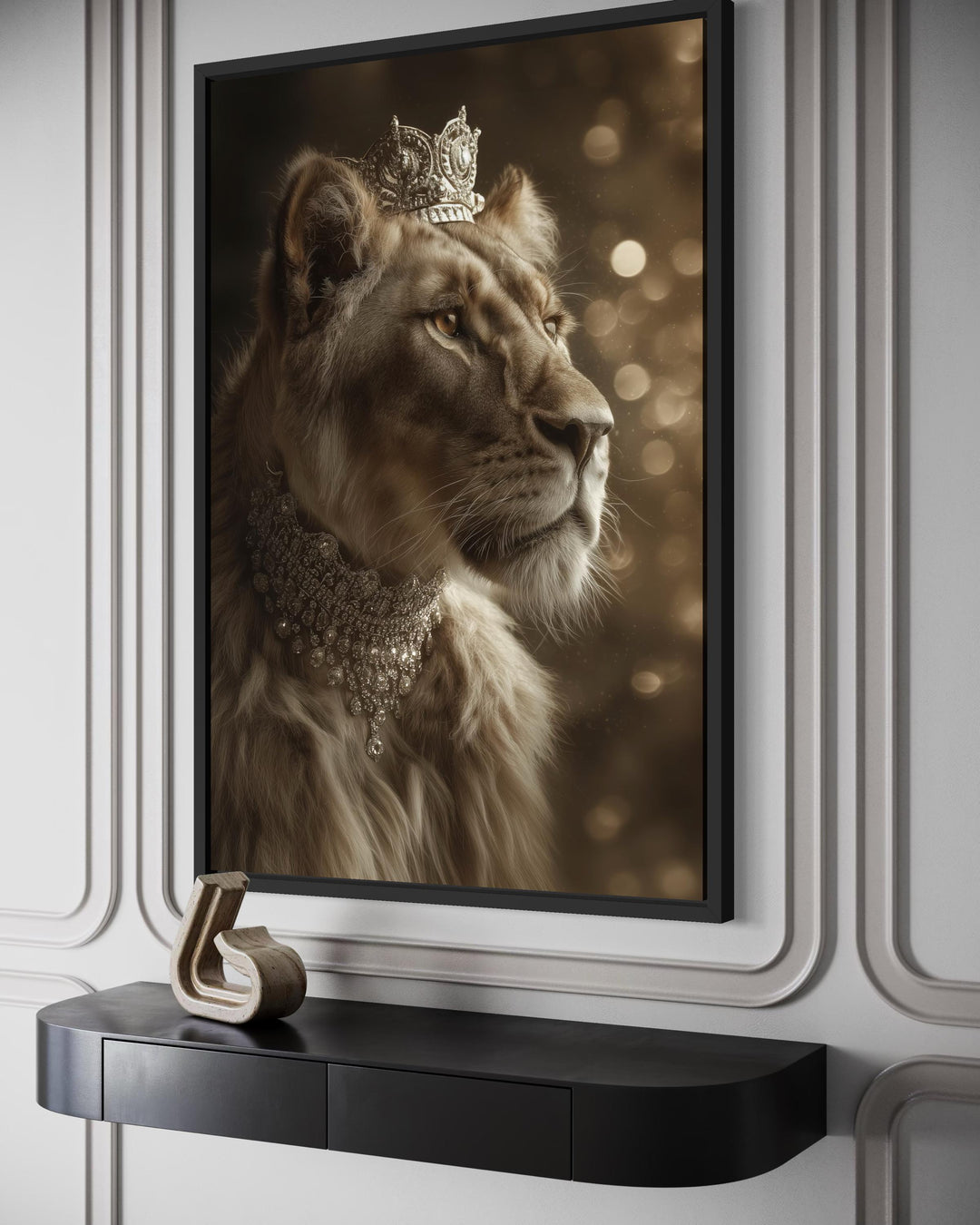Framed canvas wall art of a regal lioness wearing an ornate crown and a sparkling diamond necklace.