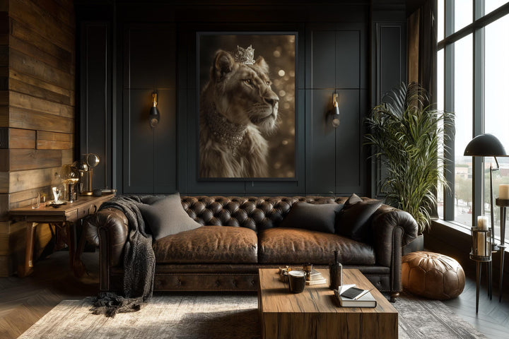 A framed canvas wall art of a regal lioness wearing a crown and jewels in a dark, modern living room.