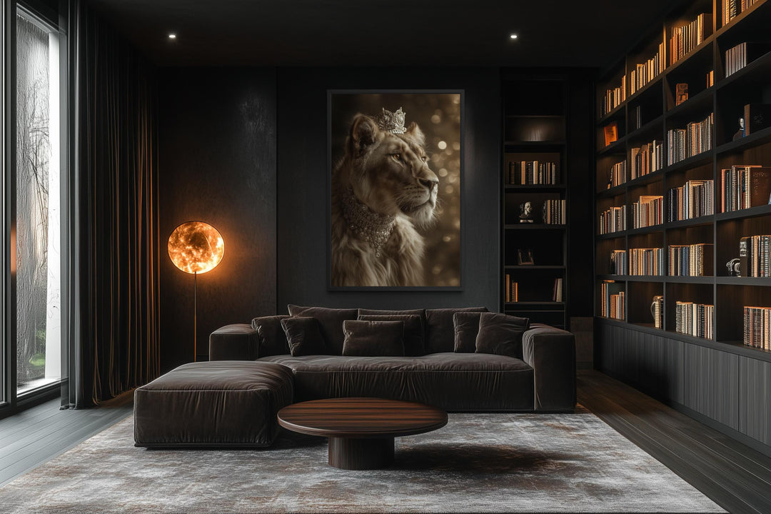 A framed canvas print of a regal lioness wearing a crown and jewels in a dark, modern living room.