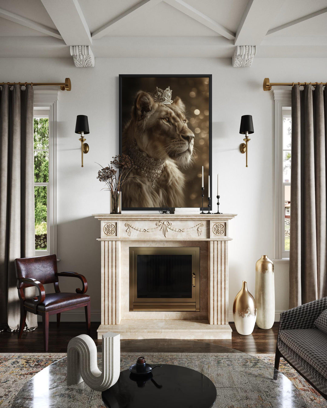 A framed canvas wall art of a regal lioness wearing a crown and jewels above a marble fireplace.