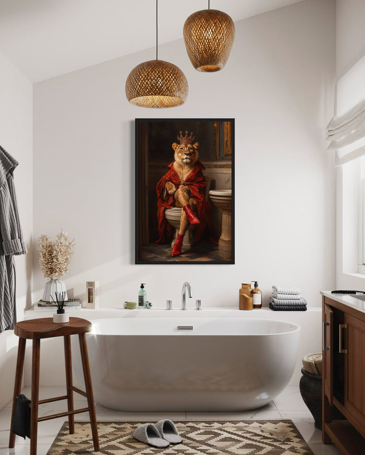 Royal Lioness With Crown Sitting on Toilet Framed Canvas Wall Art in a bathroom with a tub