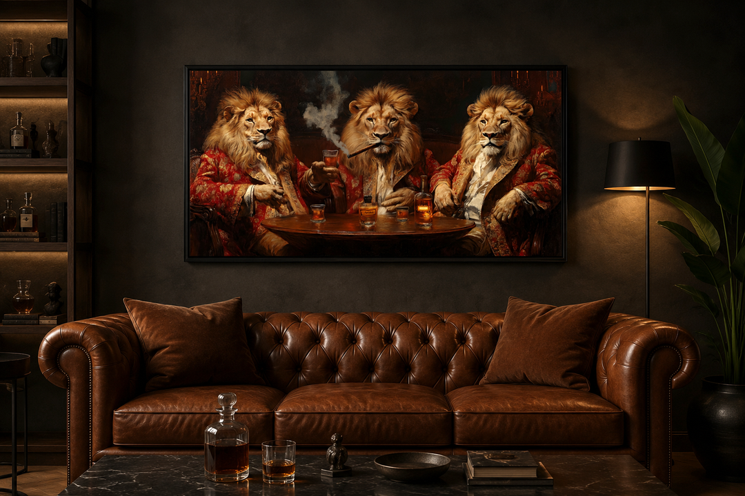 Framed canvas art of three lions in royal attire drinking whiskey and smoking cigars above a sofa.