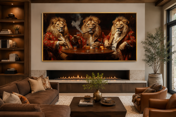 Framed canvas art of three lions in royal attire drinking whiskey and smoking cigars above a fire.