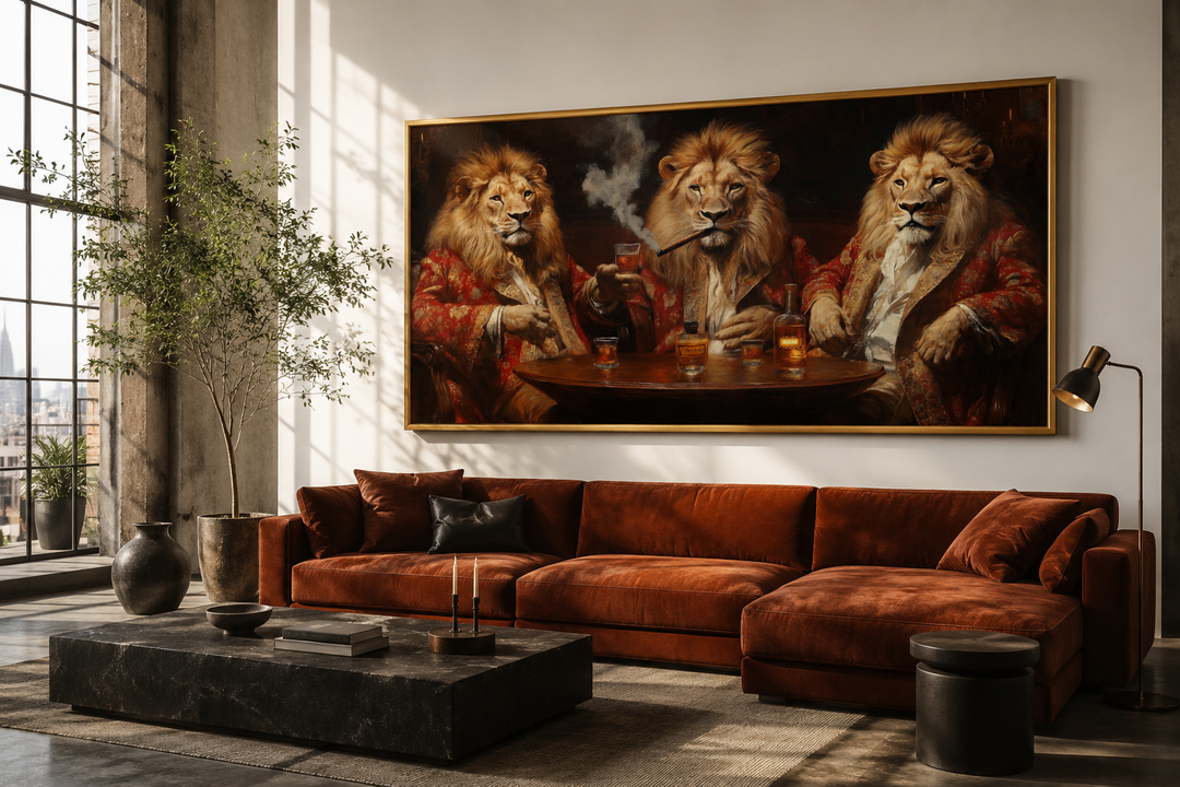 Framed canvas art of three lions in royal attire drinking whiskey and smoking cigars above a sofa.