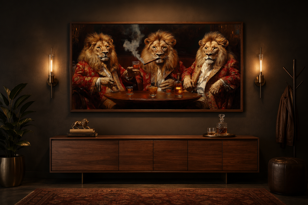 Framed canvas art of three lions in royal attire drinking whiskey and smoking cigars.