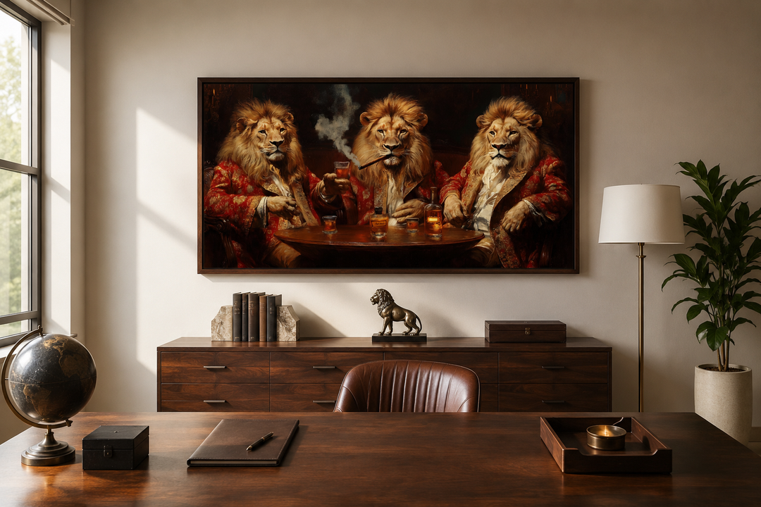 Framed canvas art of three lions in red coats drinking whiskey and smoking cigars above a desk.