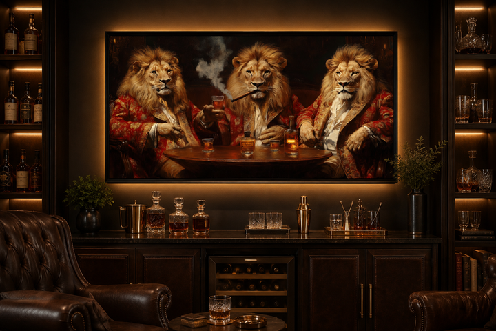 Framed canvas art of three lions in red coats drinking whiskey and smoking cigars in a home bar.