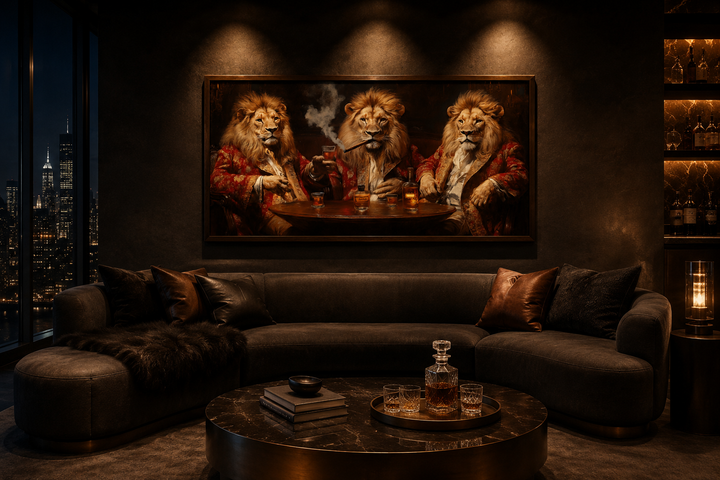 Framed canvas wall art of three royal lions drinking whiskey and smoking cigars in a dark lounge.