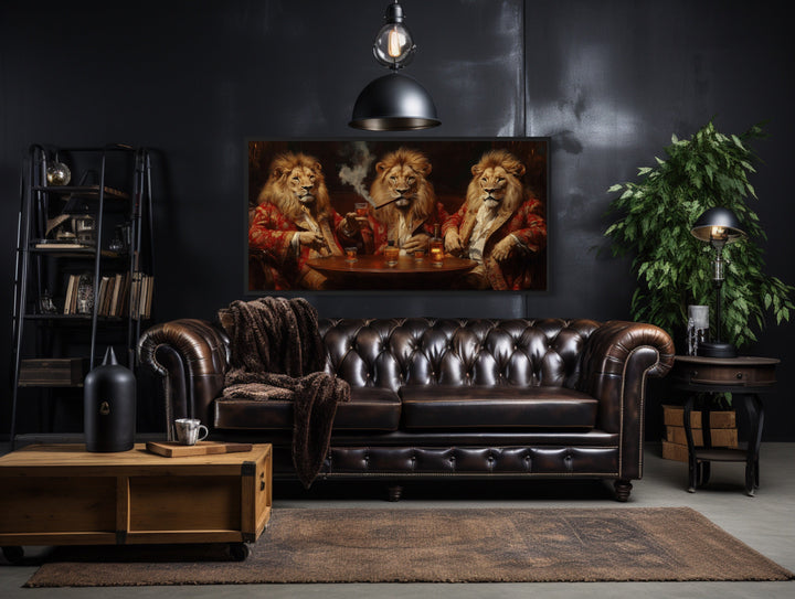 Royal Lions Drinking Whiskey Smoking Cigar Framed Bar Canvas Wall Art