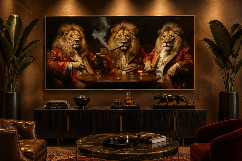 Framed canvas art of three lions in red coats drinking whiskey and smoking cigars in a bar setting.