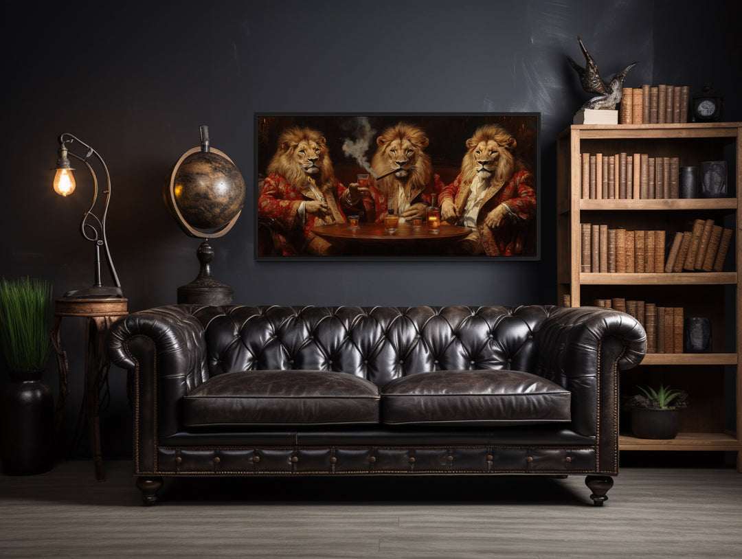 Royal Lions Drinking Whiskey Smoking Cigar Framed Bar Canvas Wall Art