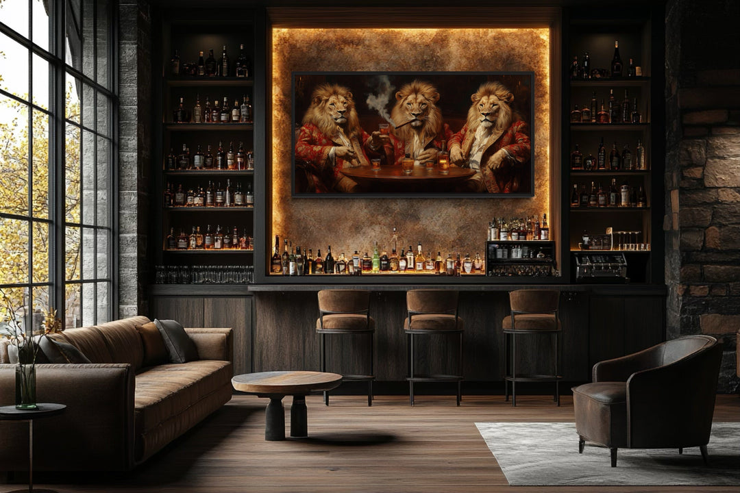 Royal Lions Drinking Whiskey Smoking Cigar Framed Bar Canvas Wall Art