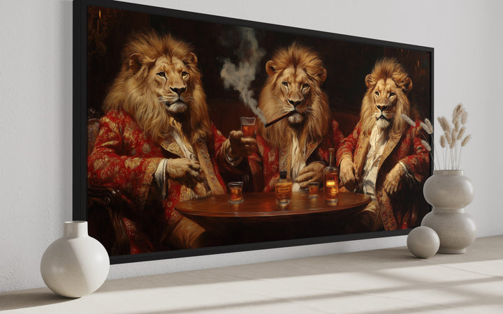 Royal Lions Drinking Whiskey Smoking Cigar Framed Bar Canvas Wall Art