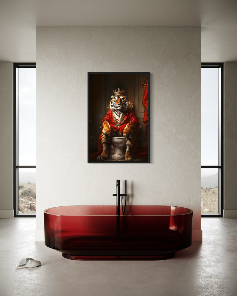 a painting of a tiger sitting on top of a red tub