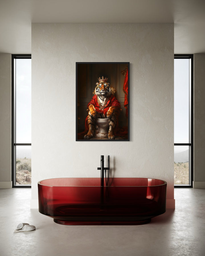 Royal Tiger With Crown Sitting on Toilet Framed Canvas Picture