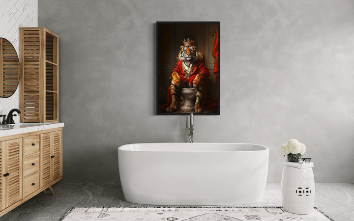 Royal Tiger With Crown Sitting on Toilet Framed Canvas Picture