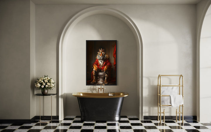 Royal Tiger With Crown Sitting on Toilet Framed Canvas Picture