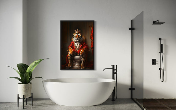 Royal Tiger With Crown Sitting on Toilet Framed Canvas Picture