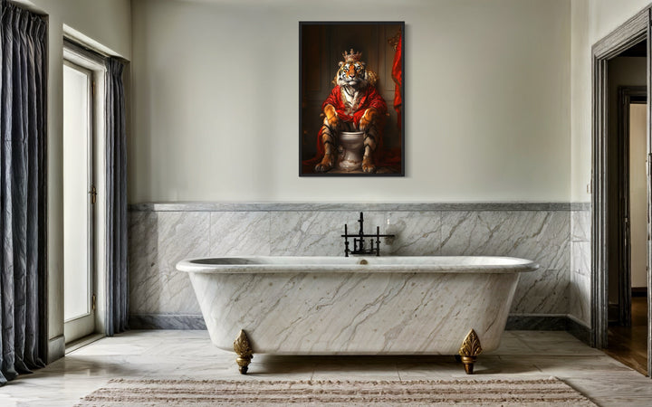 Royal Tiger With Crown Sitting on Toilet Framed Canvas Picture